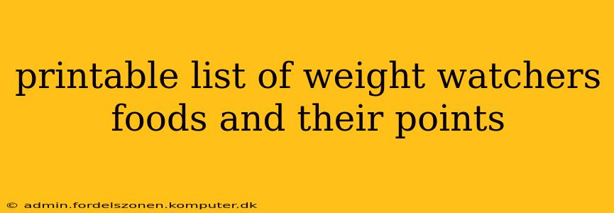 printable list of weight watchers foods and their points